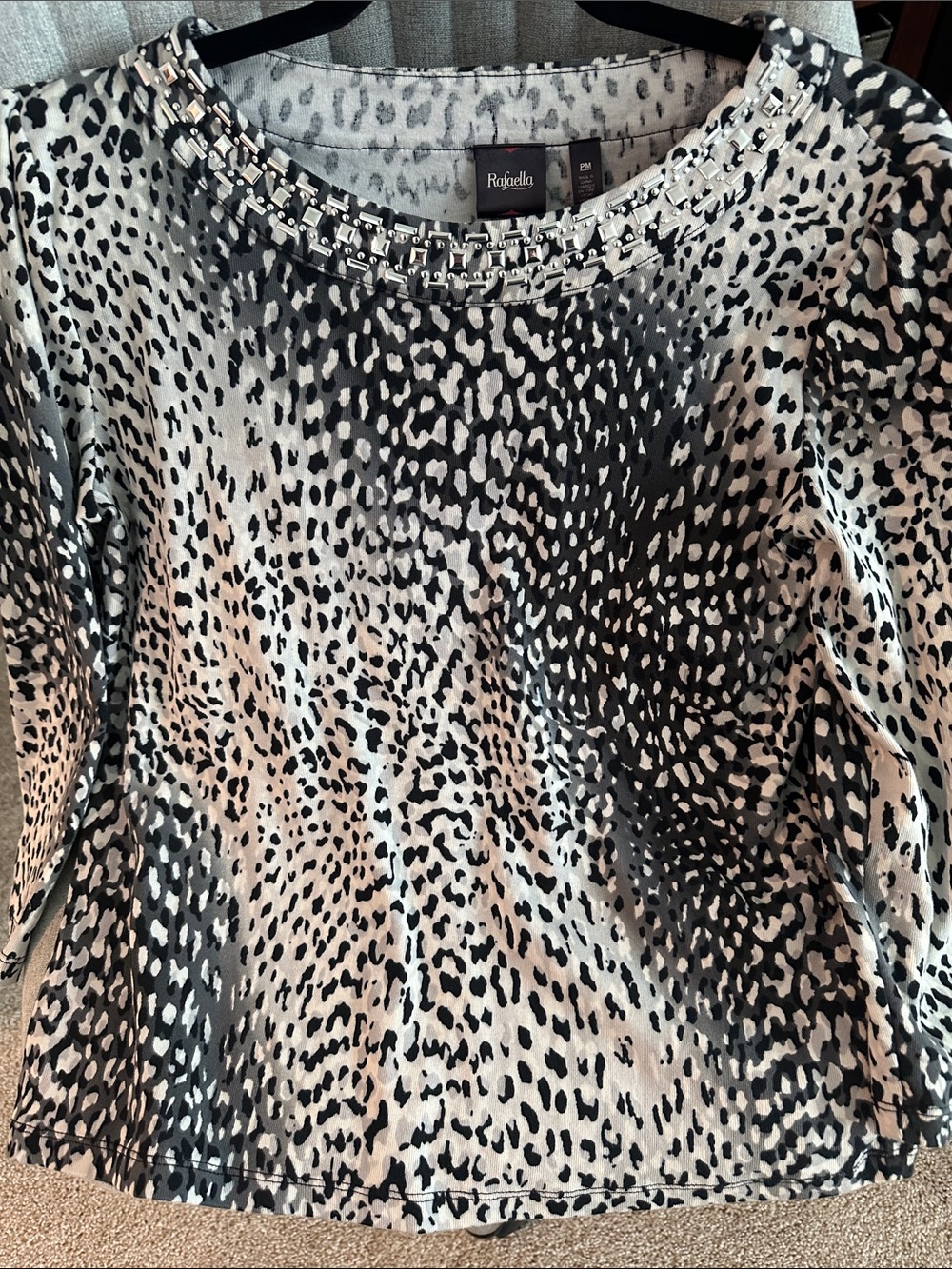 Rafaella Black and White Animal Print Jewel-Neck 3/4 Sleeve Top MP